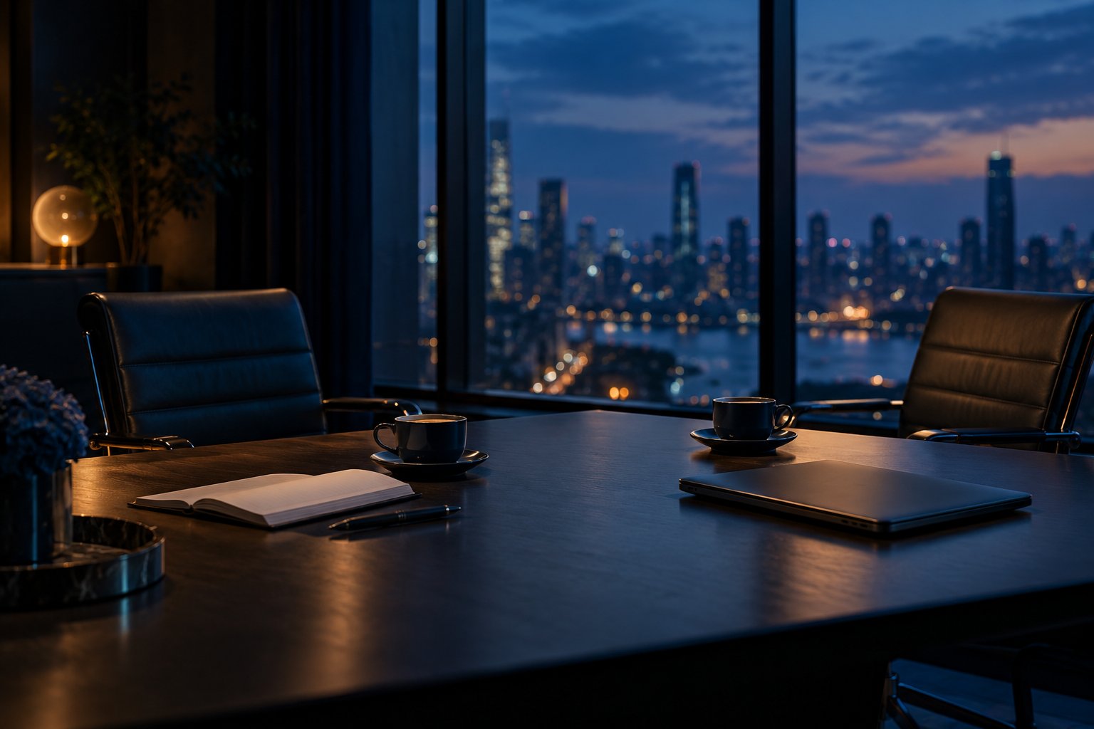 Mesa de reunião pronta para uma conversa, com a cidade ao entardecer