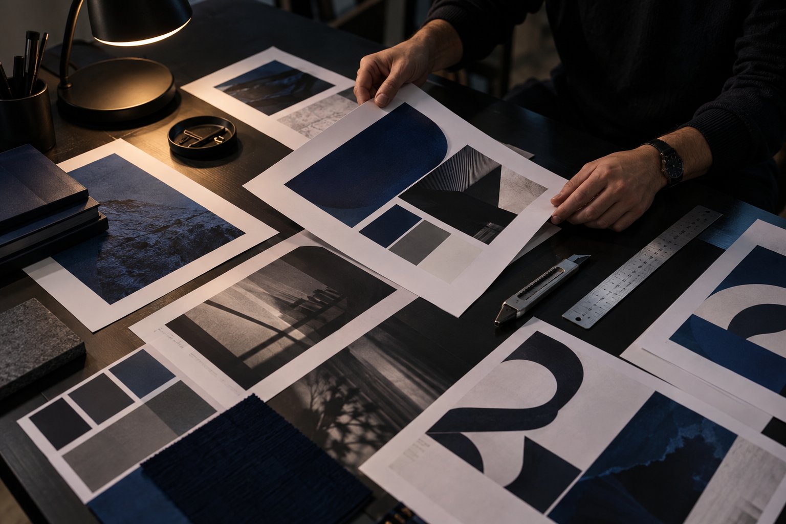 Provas impressas de identidade visual sobre a mesa