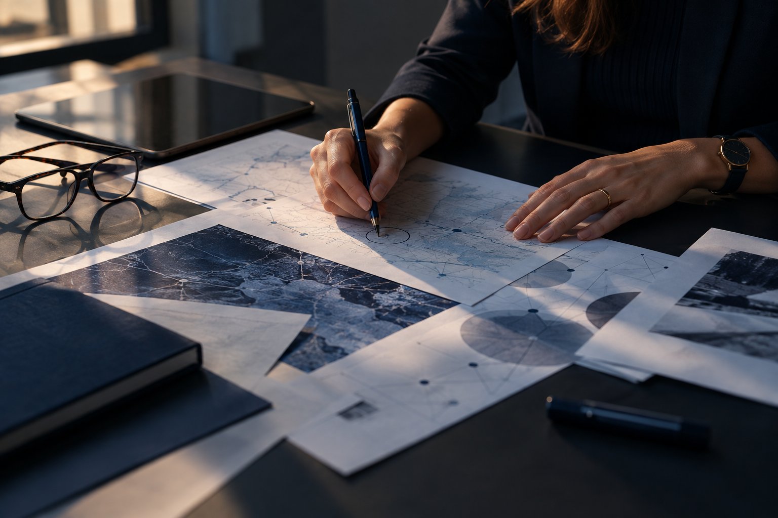 Mãos analisando mapas e materiais de pesquisa