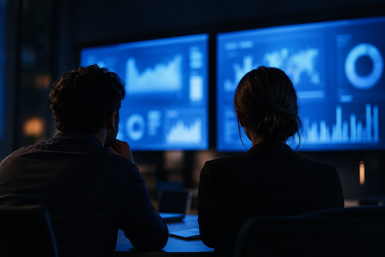 Duas pessoas acompanhando painéis de campanha em monitores