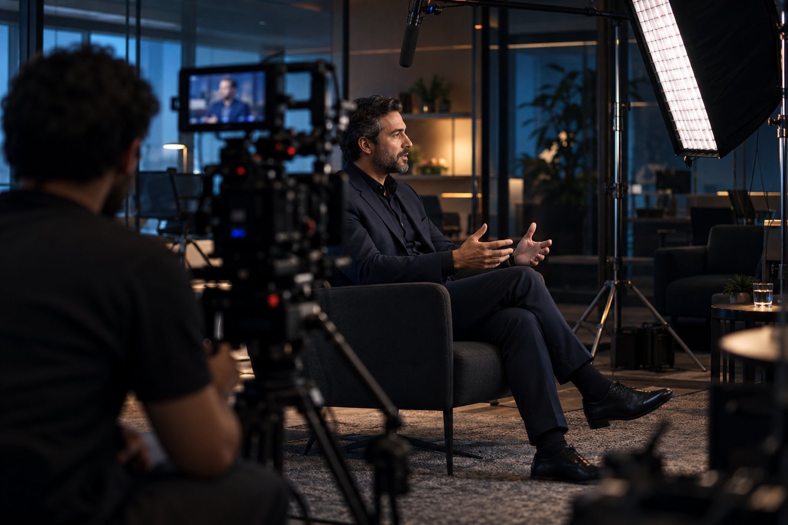 Bastidores de gravação com câmera de cinema e entrevistado